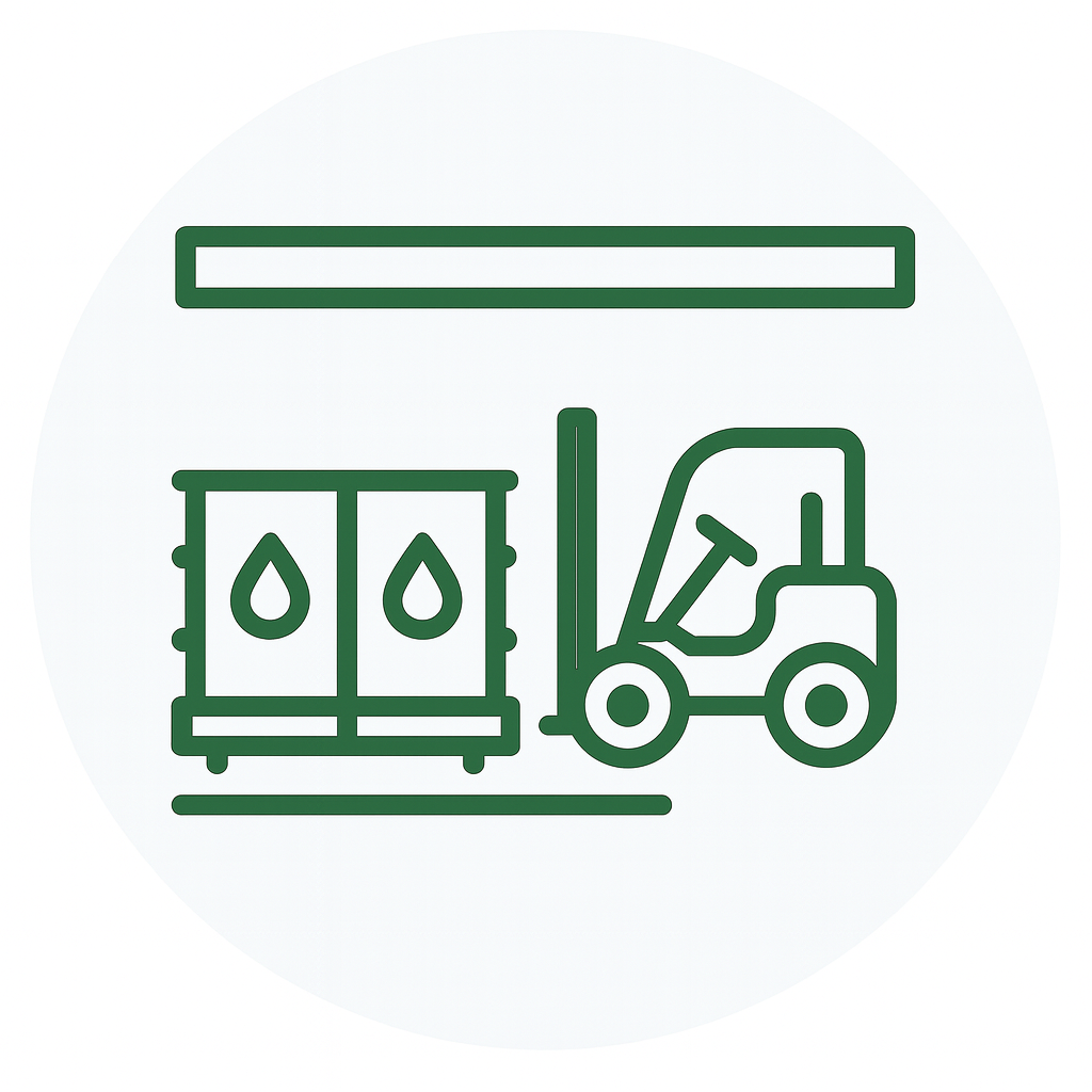 Icon for storage and handling of lubricating oil, referring to quality loss before commissioning due to outdoor storage in IBC containers.
